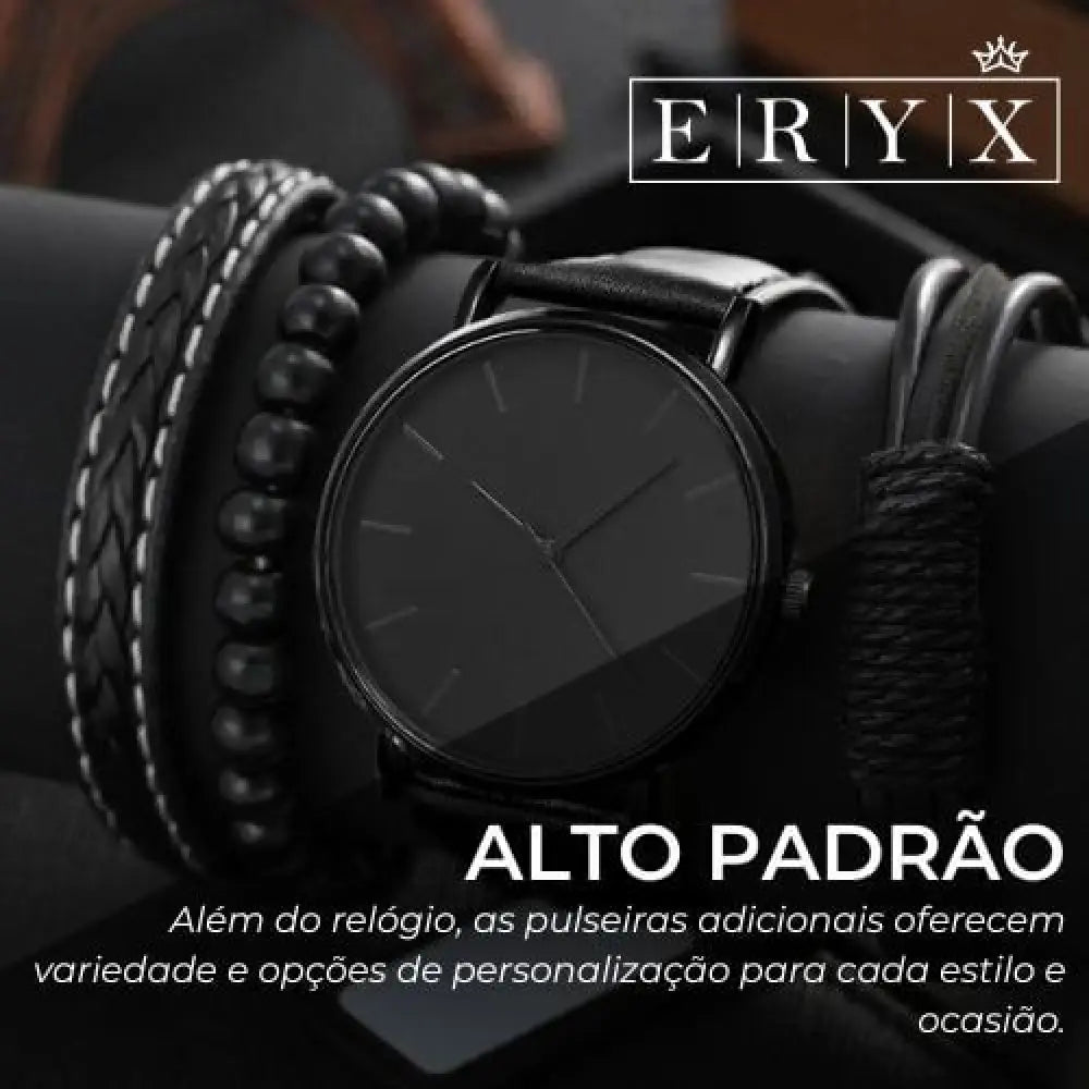 Kit De Relógio + 3 Pulseiras Couro Executivo Masculino Krp003