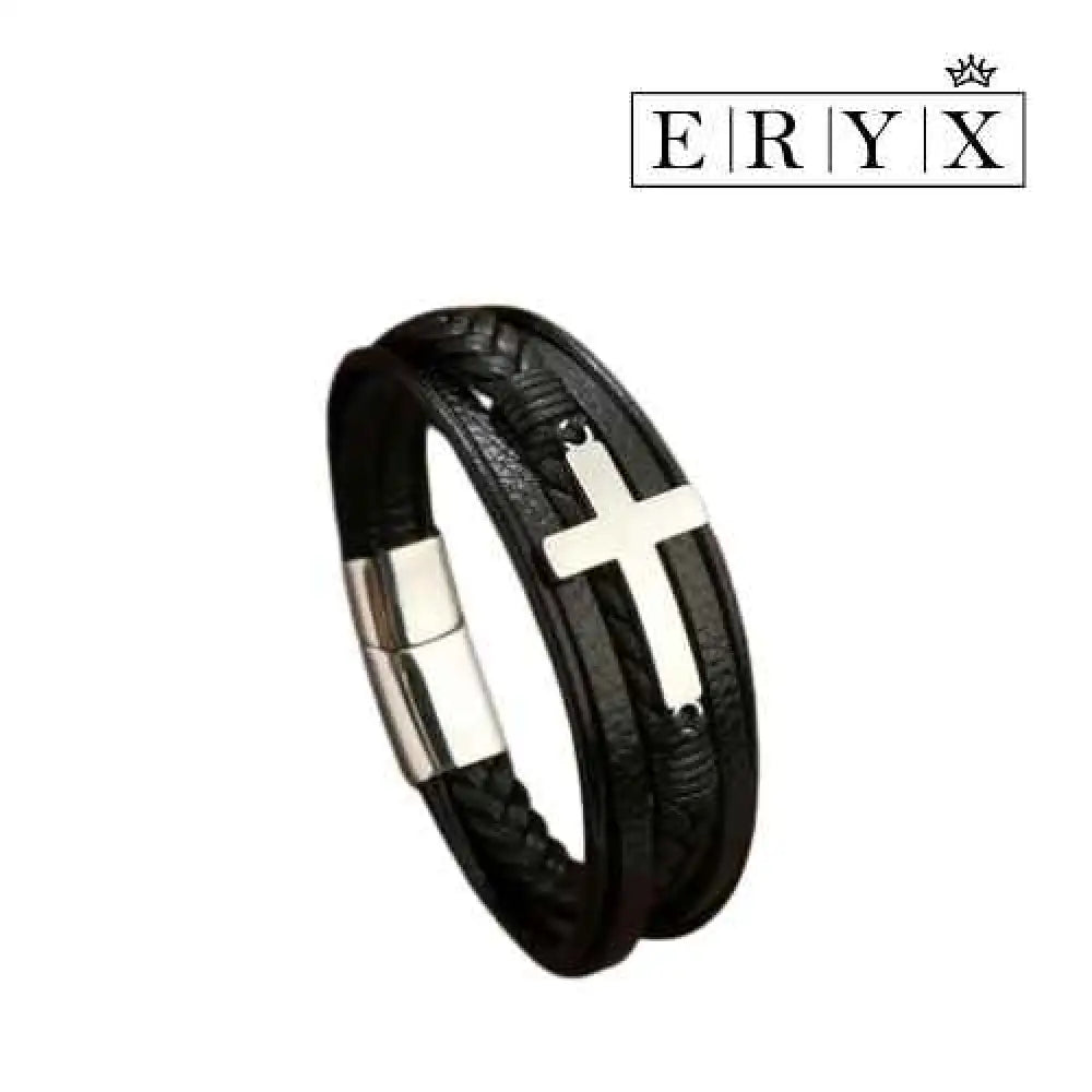 Pulseira Masculina De Couro Legítimo Com Crucifixo Inox Pme002